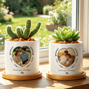 Personalized Photo Ring Ceramic Plant Pot with Name Text and Bamboo Base Wedding Anniversary Gift for Engagement Couple