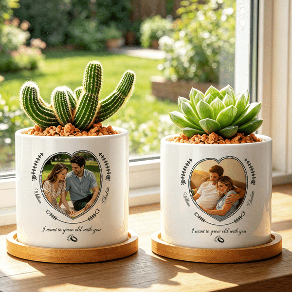 Personalized Photo Ring Ceramic Plant Pot with Name Text and Bamboo Base Wedding Anniversary Gift for Engagement Couple