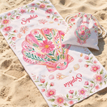 Personalized Pink Folk Art Marine Animals Quick Dry Oversized Beach Towel with Drawstring Bag and Name Beach Party Summer Vacation Gift for Woman