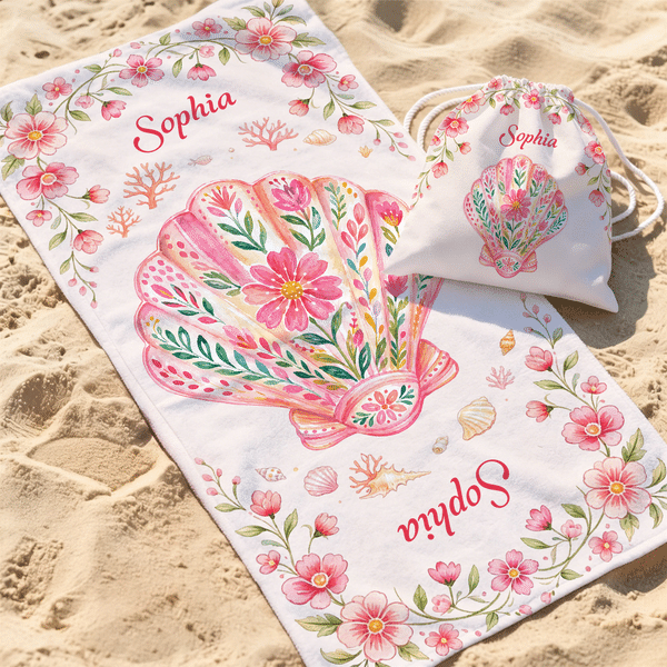 Personalized Pink Folk Art Marine Animals Quick Dry Oversized Beach Towel with Drawstring Bag and Name Beach Party Summer Vacation Gift for Woman