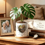 Personalized Photo Ring Ceramic Plant Pot with Name Text and Bamboo Base Wedding Anniversary Gift for Engagement Couple