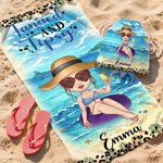 Personalized Vacation Style Cartoon Character Soft Quick Dry Beach Towel with Name and Drawing Backpack Summer Holiday Party Birthday Gift for Women