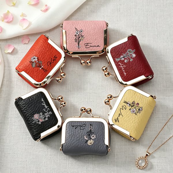 Personalised Birth Flower Portable Genuine Leather Mini Jewellery Case with Kiss Lock and Name Birthday Gift for Family Besties