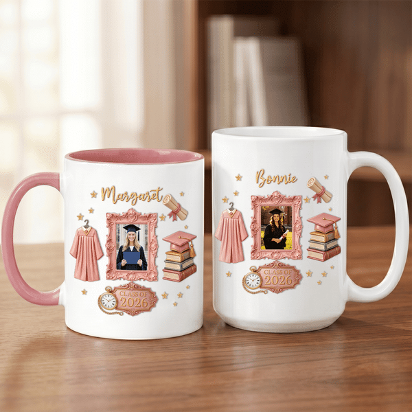 Henkilökohtainen valmistumisvalokuva Keraaminen muki Coaster, jossa on vuoden nimi ja aluslevy Valmistumisjuhla Vuosipäivä Lahja valmistuneille