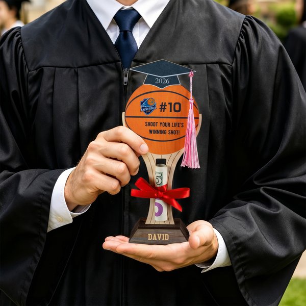 Personalised Basketball Graduation Cap Wooden Money Clip Ornament with Name and Year Graduation Party Gift for Graduates Sports Lovers