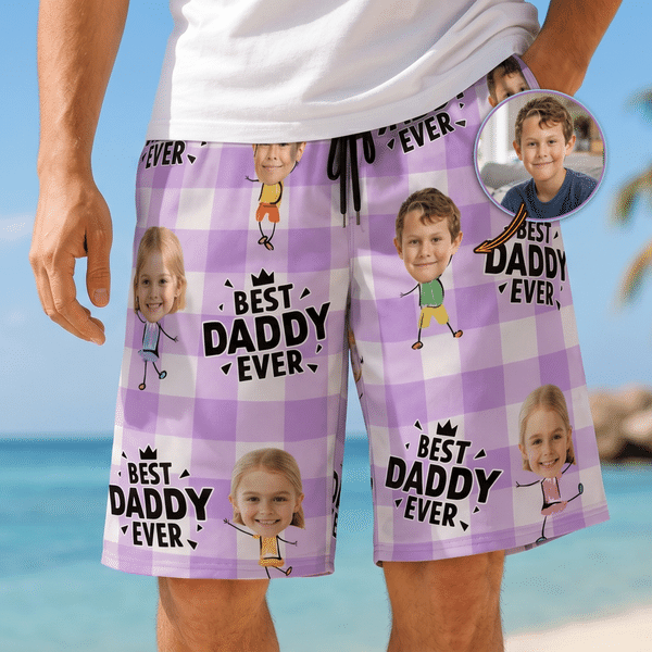 Personalised Best Daddy Ever Kid Face Photo Quick Dry Swim Trunks with Nickname Beach Party Summer Holiday Birthday Gift for Dad Grandpa
