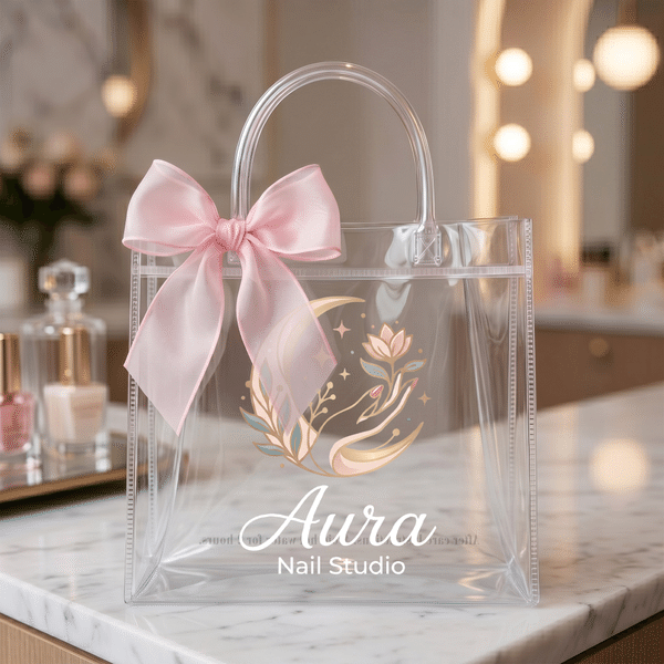 Personalisierte Das Nagelatelier Transparente PVC Geschenktasche mit Name und Schleife Nagelstudio Geschenk für Nagelstudio Frau Mädchen