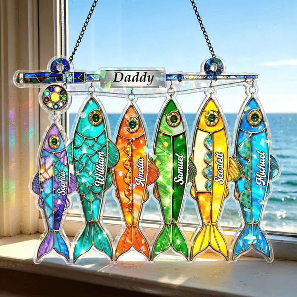 Gepersonaliseerd Hengelhaak Vissen Acryl Ornament met Namen Verjaardag Vaderdag Geschenk voor Papa Echtgenoot Vissenliefhebber