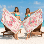 Personalized Pink Folk Art Marine Animals Quick Dry Oversized Beach Towel with Drawstring Bag and Name Beach Party Summer Vacation Gift for Woman