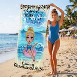 Personalized Vacation Style Cartoon Character Soft Quick Dry Beach Towel with Name and Drawing Backpack Summer Holiday Party Birthday Gift for Women
