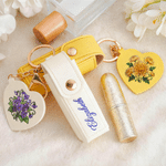 Personalised Birth Flower PU Leather Lipstick Case Keychain with Name and Heart-Shaped Mirror Anniversary Birthday Gift for Women