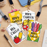Personalised Cute Cartoon Pattern PU Leather ID Badge Holder with Name and Lanyard Back to School Teacher's Day Appreciation Gift for Teacher