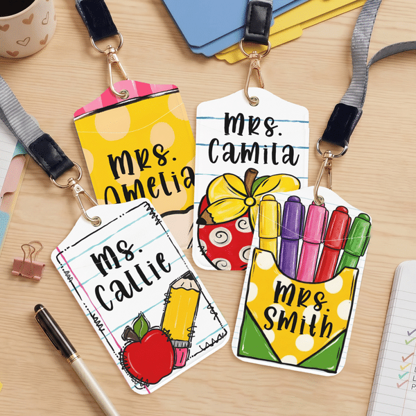 Personalised Cute Cartoon Pattern PU Leather ID Badge Holder with Name and Lanyard Back to School Teacher's Day Appreciation Gift for Teacher
