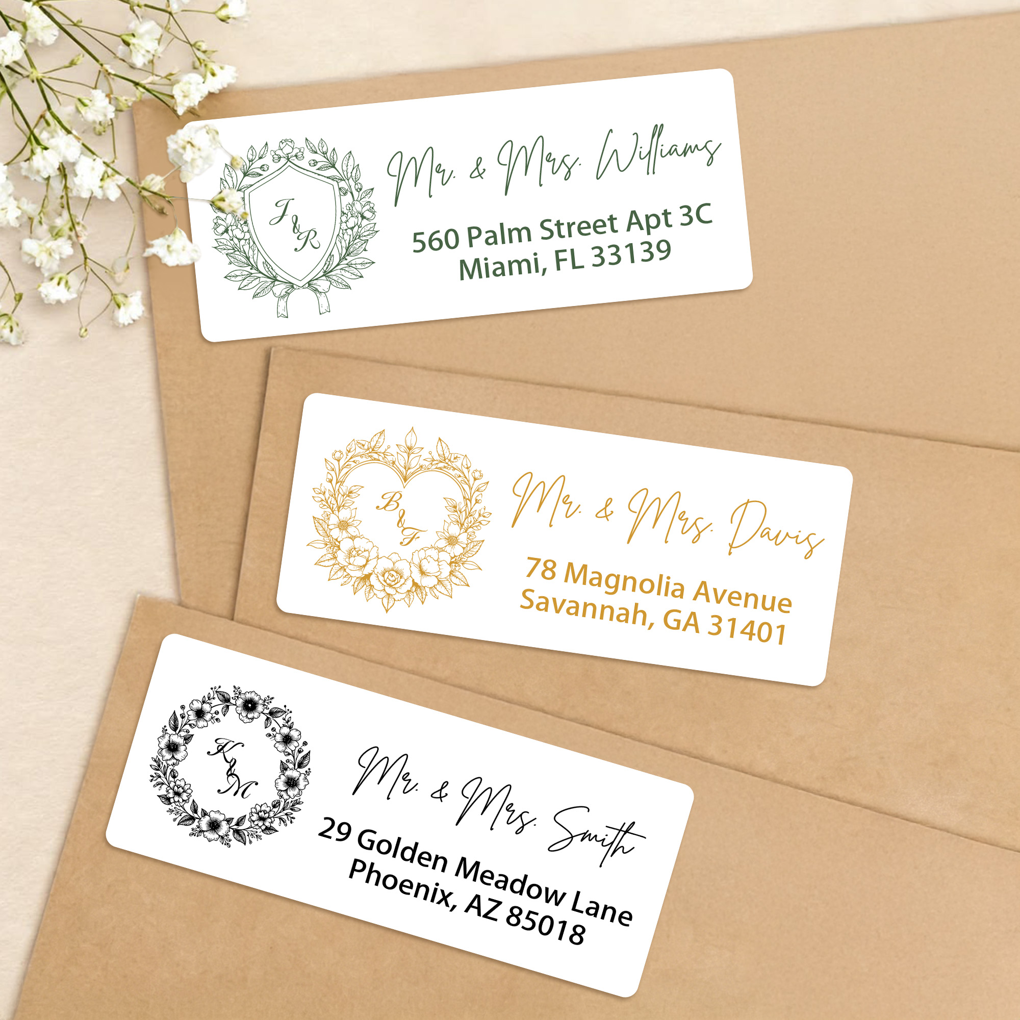 Personalisierte Kranz Emblem Herz wasserdicht Rückkehr Adresse Aufkleber Etiketten mit Anfangsbuchstaben und Text Party Dekoration Hochzeitsgeschenk für Paar neu verheiratet