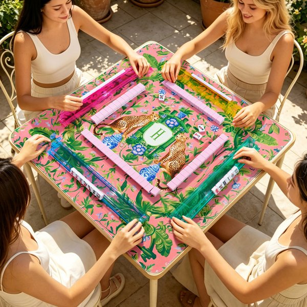 Personalized Palm Leaf Chinoiserie Cheetah Monogram Non-Slip Mahjong Mat with Storage Bag Game Night Birthday Gift for Mahjong Lover