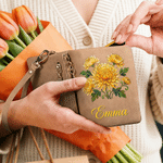 Personalised Birth Flower Tri-Fold PU Leather Wristlet Wallet with Card Holder and Name Birthday Anniversary Gift for Women Mother