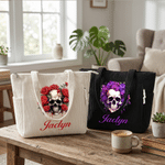 Personalized Gothic Skull Birth Flower Large Capacity Corduroy Tote Bag with Name Daily Use Travel Birthday Gift for Goth Lovers Girls