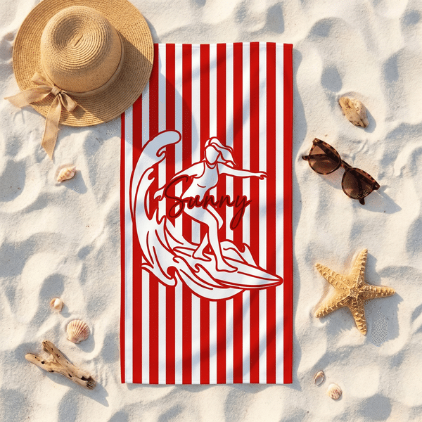 Personalized Surfer Figure Striped Quick Dry Oversized Beach Towel with Name Travel Use Birthday Beach Party Gift for Surfing Lovers Couple