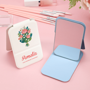 Personalised Illustration-Style Birth Flower Makeup Mirror with Name Travel Essential Daily Use Birthday Gift for Her