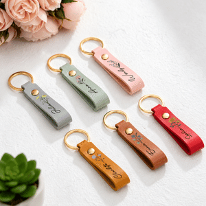 Personalized Birth Flower PU Leather Multicolour Keychain with Name Wedding Party Birthday Anniversary Gift for Her