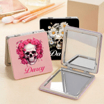 Personalized Gothic Skull Birth Flower Square Makeup Mirror with Name Daily Use Birthday Anniversary Gift for Woman Goth Lover