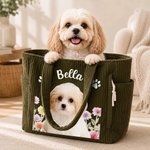 Personalised Birth Flower Pet Photo Large Capacity Corduroy Tote Bag with Name Multi-Compartment Travel Essential Birthday Gift for Women Pet Lovers
