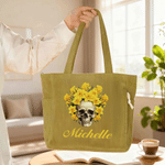 Personalized Gothic Skull Birth Flower Large Capacity Corduroy Tote Bag with Name Daily Use Travel Birthday Gift for Goth Lovers Girls