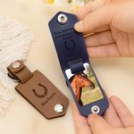 Personalized Horseshoe Horse Photo Multicolor PU Leather Keychain with Engraved Text and Name Birthday Anniversary Gift for Horse Owner Lover