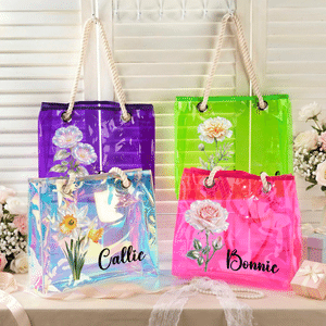 Personalised Birth Flower Waterproof Transparent PVC Tote Bag with Name Travel Essential Wedding Birthday Gift for Friends Moms Bridesmaids