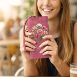 Personalised Birth Flower Tri-Fold PU Leather Wristlet Wallet with Card Holder and Name Birthday Anniversary Gift for Women Mother