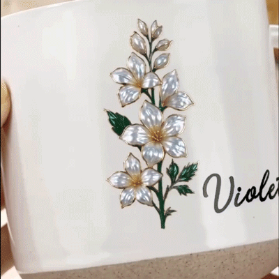 Personalised Pearl Effect Birth Flower 12 oz Ceramic Coffee Mug with Handle and Name Daily Use Birthday Gift for Women