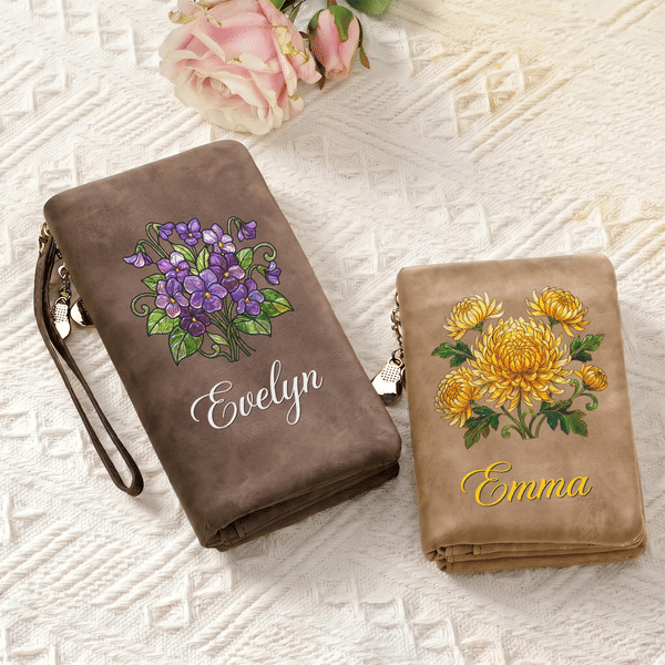 Personalised Birth Flower Tri-Fold PU Leather Wristlet Wallet with Card Holder and Name Birthday Anniversary Gift for Women Mother