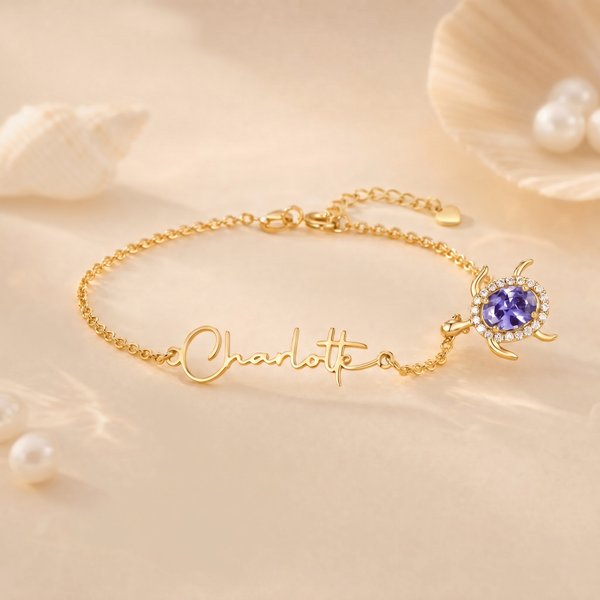 Personalised Dainty Birthstone Sea Turtle Anklet with Name Beach Accessory Birthday Gift for Woman Mom Ocean Lover