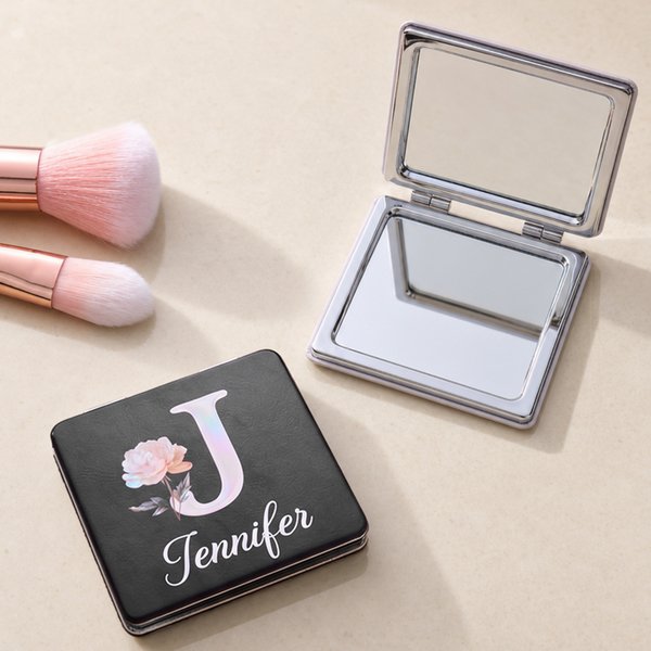 Personalised Pearl Effect Birth Flower Anti‑Fingerprint Shell Double-Sided 1X 2X Makeup Pocket Mirror with Name Birthday Travel Gift for Women