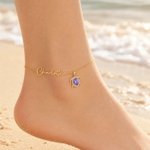 Personalised Dainty Birthstone Sea Turtle Anklet with Name Beach Accessory Birthday Gift for Woman Mom Ocean Lover