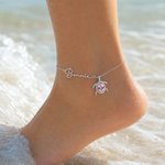 Personalised Dainty Birthstone Sea Turtle Anklet with Name Beach Accessory Birthday Gift for Woman Mom Ocean Lover