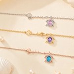 Personalised Dainty Birthstone Sea Turtle Anklet with Name Beach Accessory Birthday Gift for Woman Mom Ocean Lover