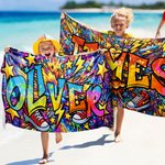 Personalisiertes Street-Art Strandtuch mit Graffiti-Namen | sandabweisend | schnelltrocknend | Badetuch | Sommer Urlaub Geschenk für Familie Freunde