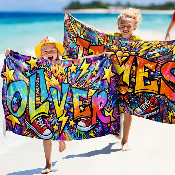 Personalisiertes Street-Art Strandtuch mit Graffiti-Namen | sandabweisend | schnelltrocknend | Badetuch | Sommer Urlaub Geschenk für Familie Freunde