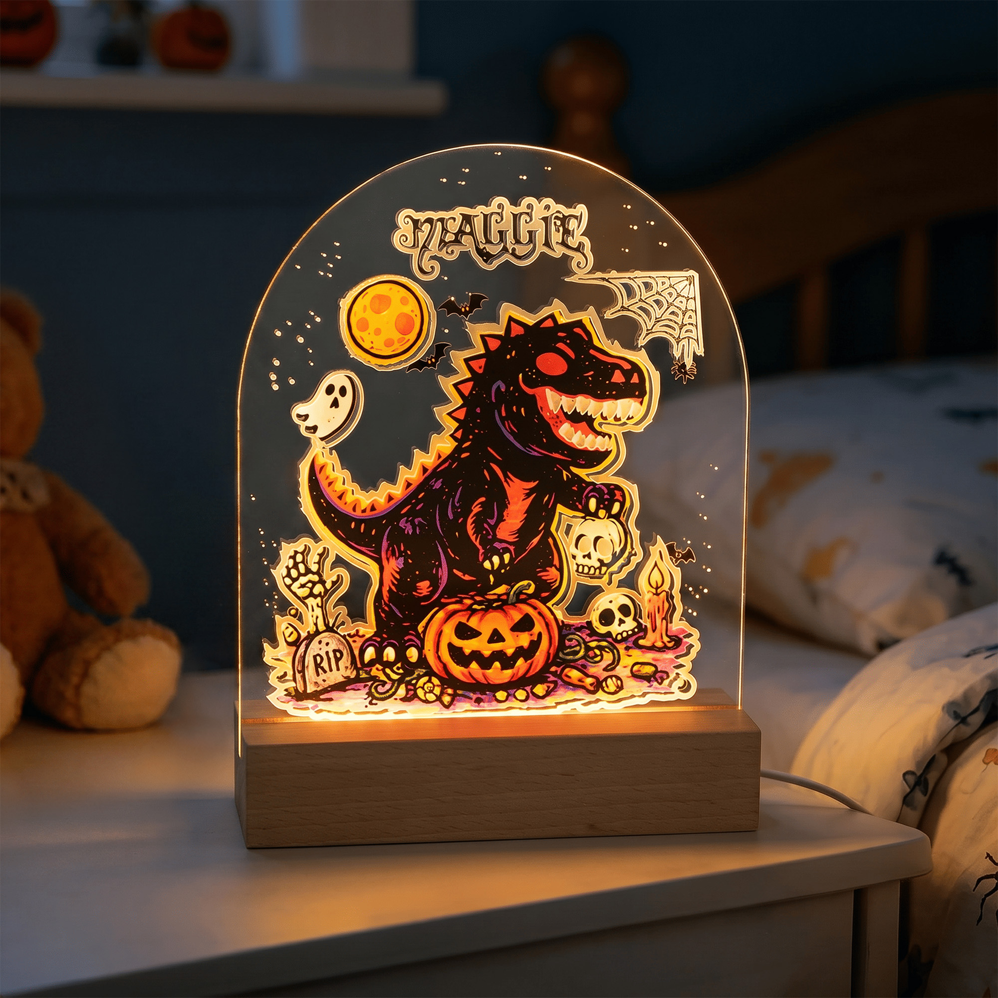 Personalisierte Graffiti Dinosaurier Acryl LED-Nachtlicht mit Namen und hölzerne Basis Kinderzimmer Home Decor Halloween Geschenk für Kinder