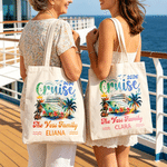 Personalized Cruise Ship Sun Palm Coconut Tree Canvas Tote Bag with Name and Year Family Reunion Cruise Vacation Birthday Gift for Family Friends
