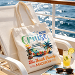 Personalized Cruise Ship Sun Palm Coconut Tree Canvas Tote Bag with Name and Year Family Reunion Cruise Vacation Birthday Gift for Family Friends