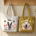 Personalised Birth Flower Pet Photo Large Capacity Corduroy Tote Bag with Name Multi-Compartment Travel Essential Birthday Gift for Women Pet Lovers