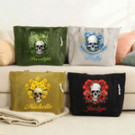 Personalized Gothic Skull Birth Flower Large Capacity Corduroy Tote Bag with Name Daily Use Travel Birthday Gift for Goth Lovers Girls