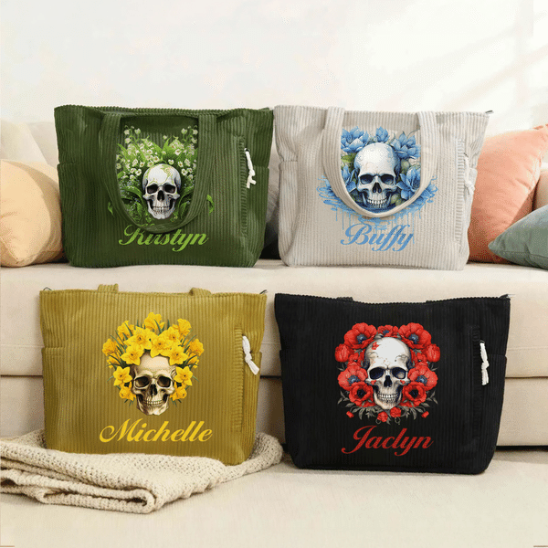 Personalized Gothic Skull Birth Flower Large Capacity Corduroy Tote Bag with Name Daily Use Travel Birthday Gift for Goth Lovers Girls