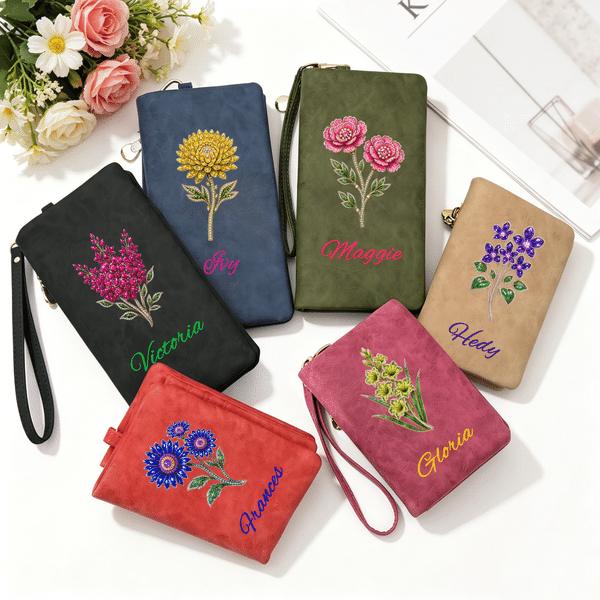 Personalizzato Birthstone Birth Flower Tri-Fold Portafoglio in pelle PU con portacarte e nome Uso quotidiano Compleanno Anniversario Regalo per le donne