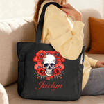 Personalized Gothic Skull Birth Flower Large Capacity Corduroy Tote Bag with Name Daily Use Travel Birthday Gift for Goth Lovers Girls