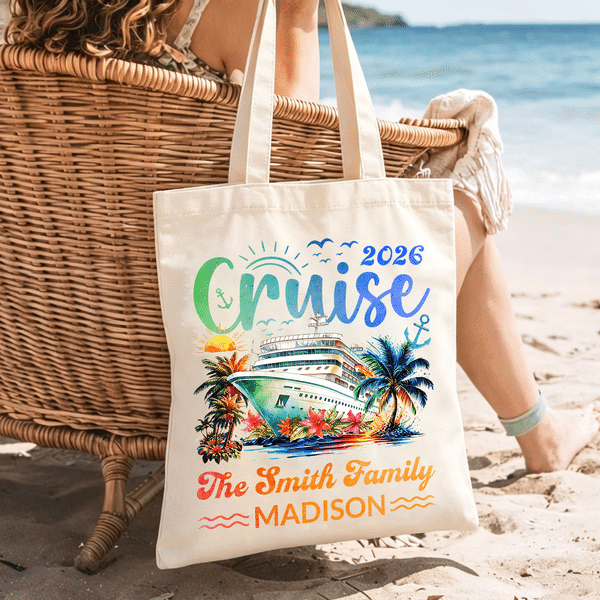 Personalized Cruise Ship Sun Palm Coconut Tree Canvas Tote Bag with Name and Year Family Reunion Cruise Vacation Birthday Gift for Family Friends