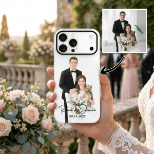 Personalized Watercolour Wedding Photo Phone Case for iPhone Samsung with Names and Date Wedding Bridal Party Anniversary Gift for Couple Newlywed