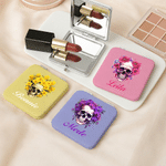 Personalized Gothic Skull Birth Flower Square Makeup Mirror with Name Daily Use Birthday Anniversary Gift for Woman Goth Lover
